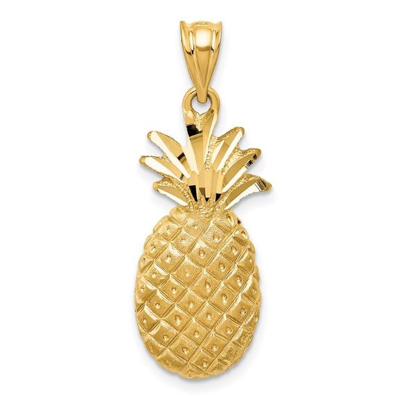 14k Yellow Gold Satin and Diamond Cut Pineapple Pendant - Picture 1 of 6